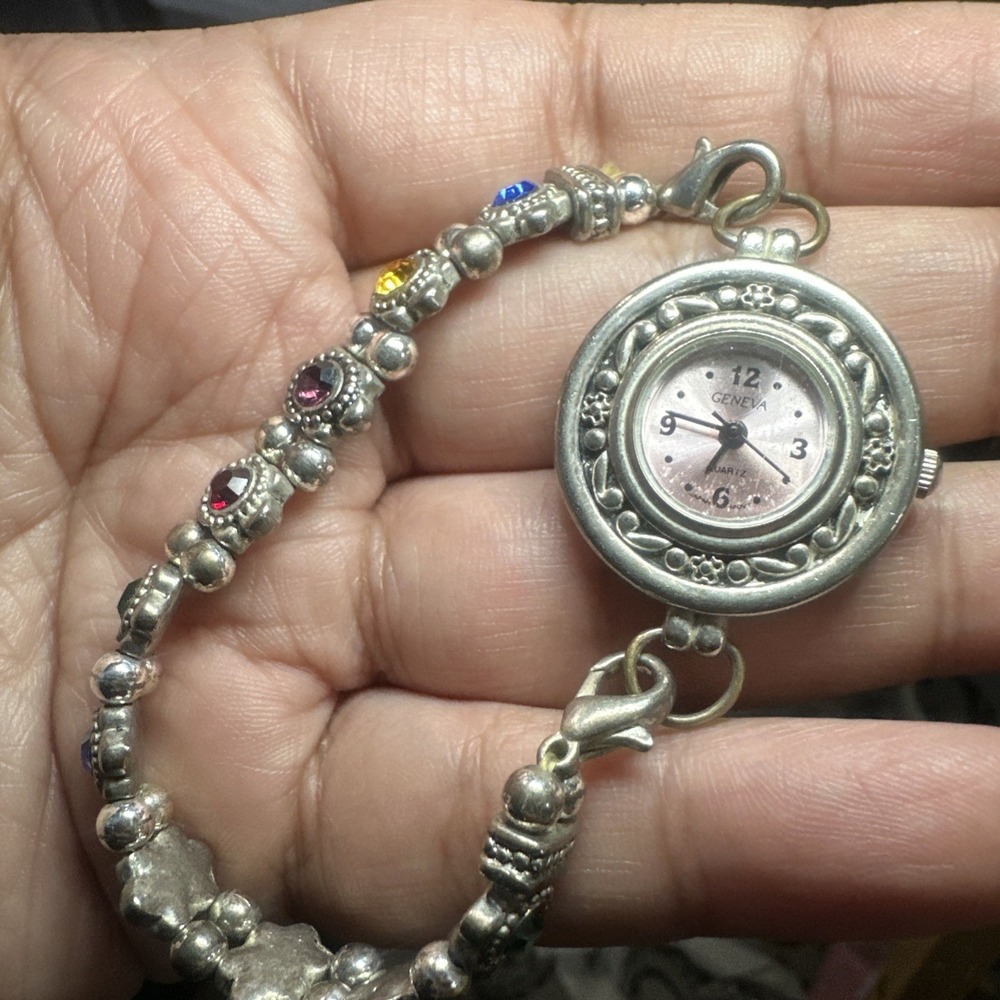Working Geneva Pink dial Colorful Stone Bracelet Ladies Watch Silver Tone 26mm 7